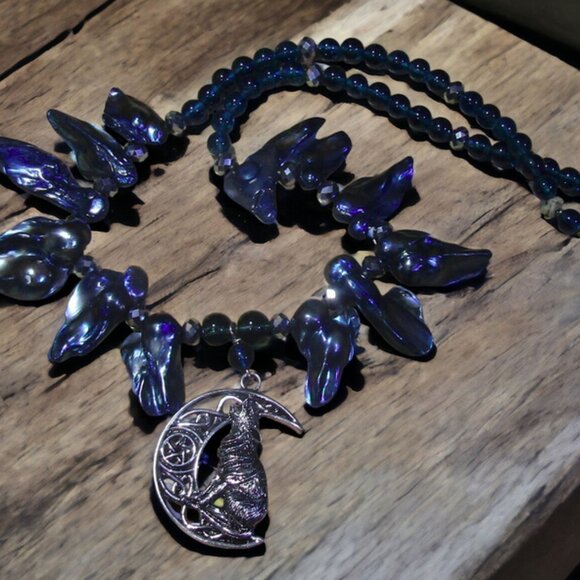 Handmade Wolf and Moon Necklace with Blue Gemstone and Pearl. One of a Kind! - Picture 2 of 6